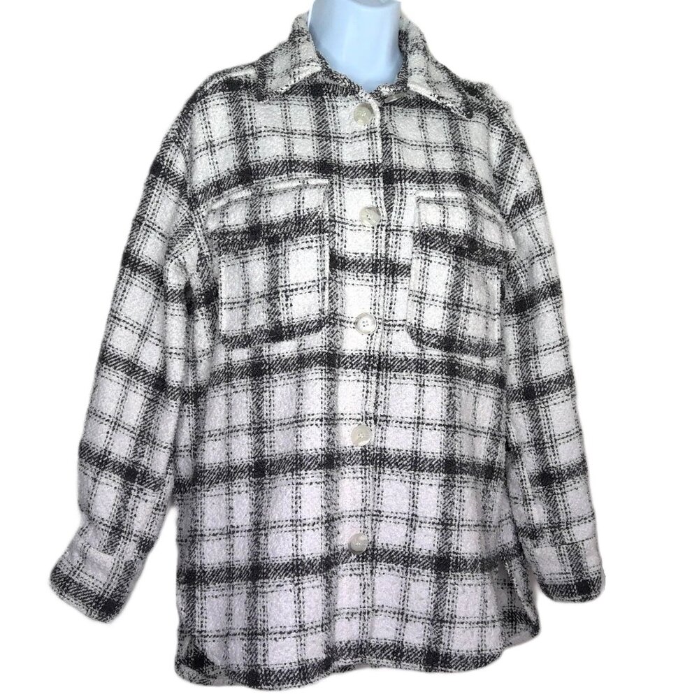 H&M Boucle Jacket Textured Tweed Black & White Plaid Button Front Pockets EUC S